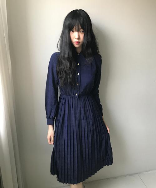 (Vintage)Gold Button Silky Pleats Dress(Dark Navy)