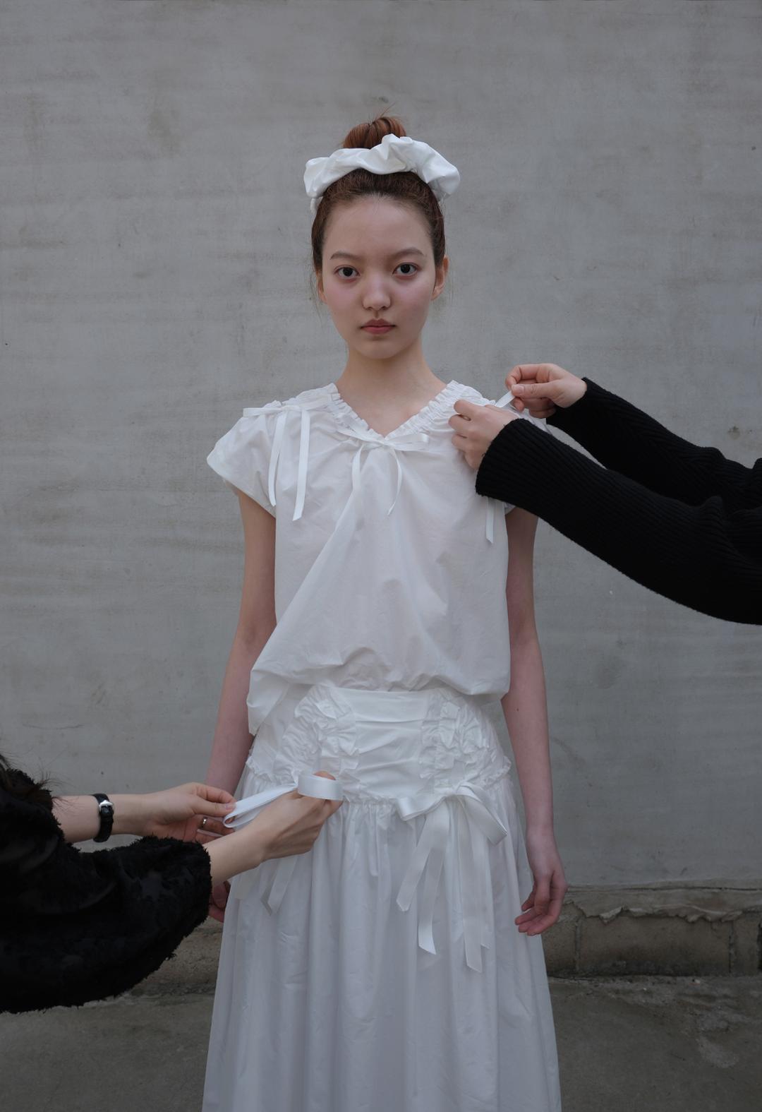 Ribbon Shirring Blouse, 4color