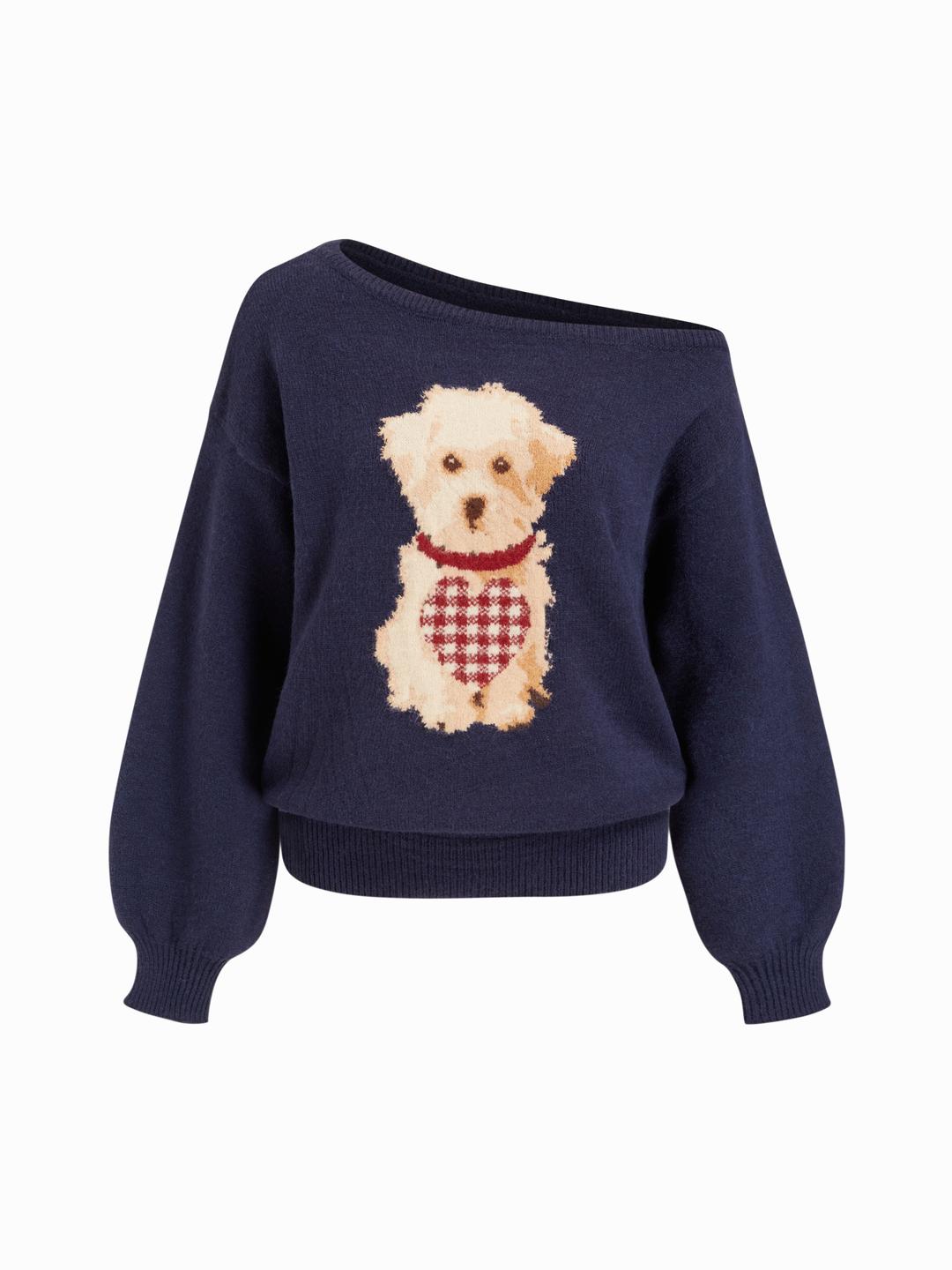 Knit Asymmetrical Neck Puppy Pattern Top