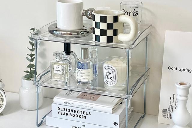 아크릴 투명 선반 테이블 화장품 정리 실버 프레임 선반 (1단/2단)