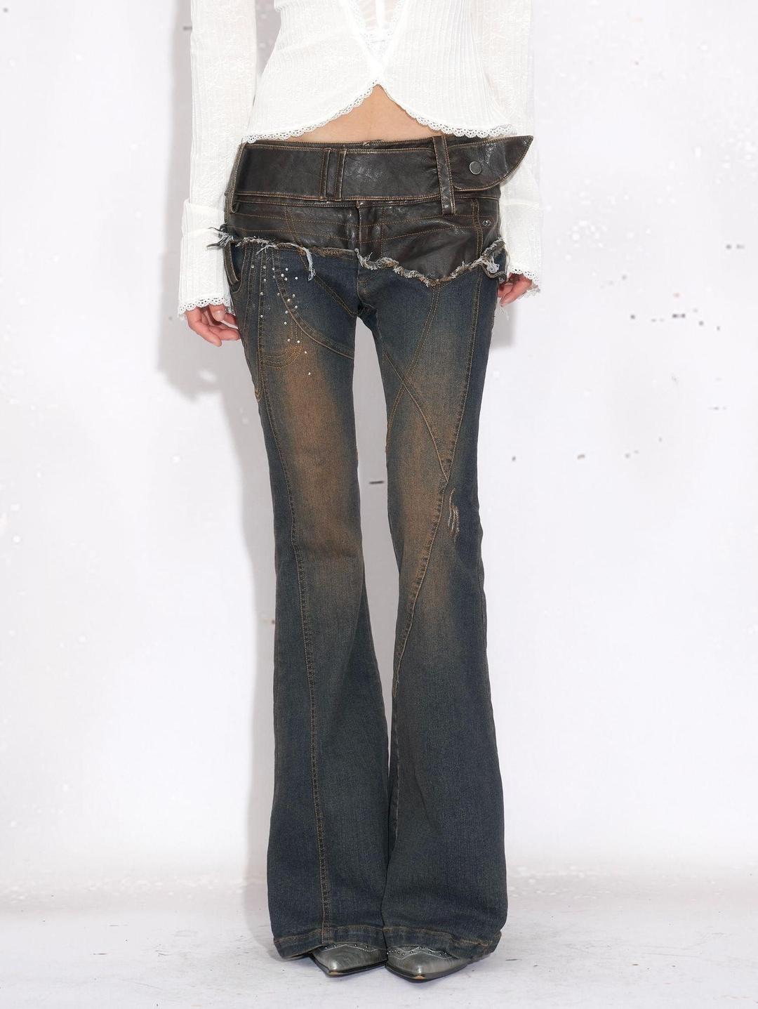 OPEN AESTHETIC  부츠컷 가죽 데님 팬츠 여성용 하이웨이스트