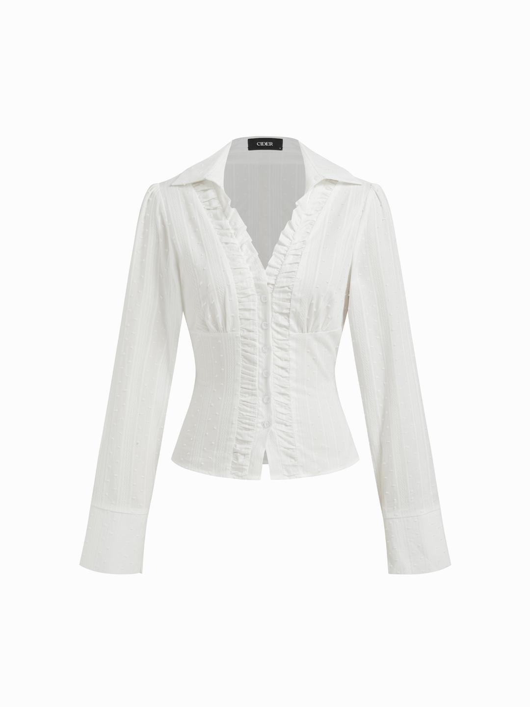 100% Cotton V-neck Long Sleeve Lettuce Trim Bowknot Blouse