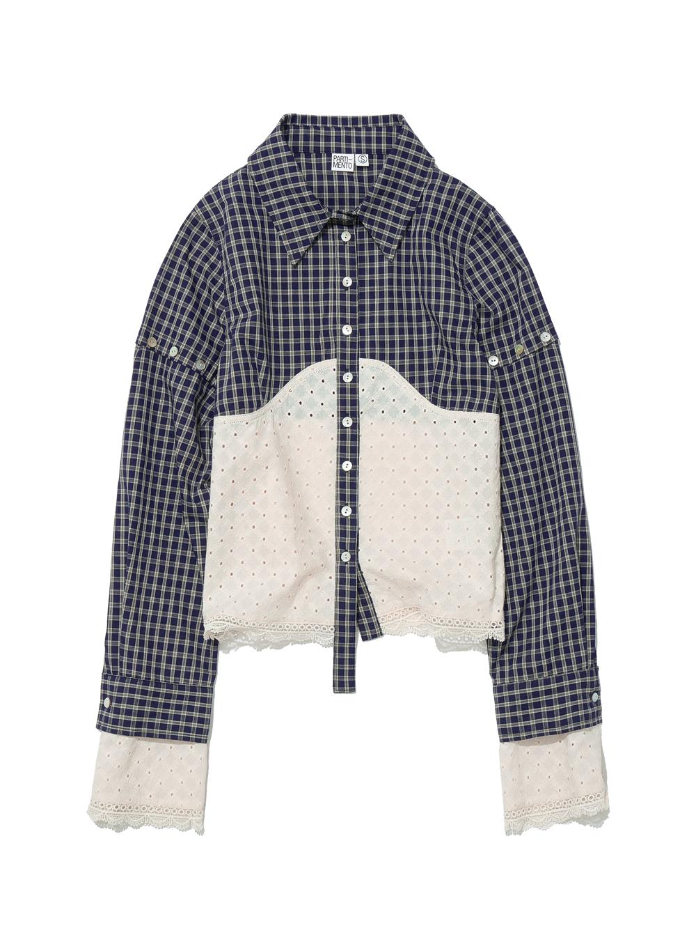 [WOMEN] CHECK LACE EMBROIDERY COMBI SHIRT_NAVY
