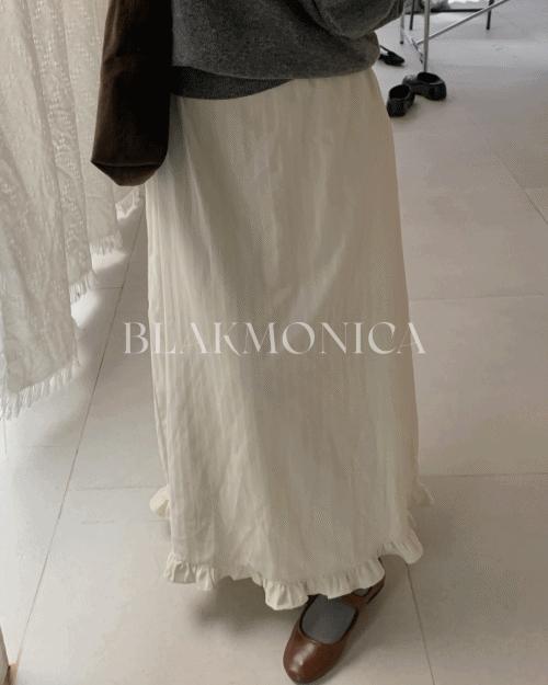 블랙모니카 오블 스웨이드 밴딩 스트라이프 가을 겨울 프릴 롱스커트