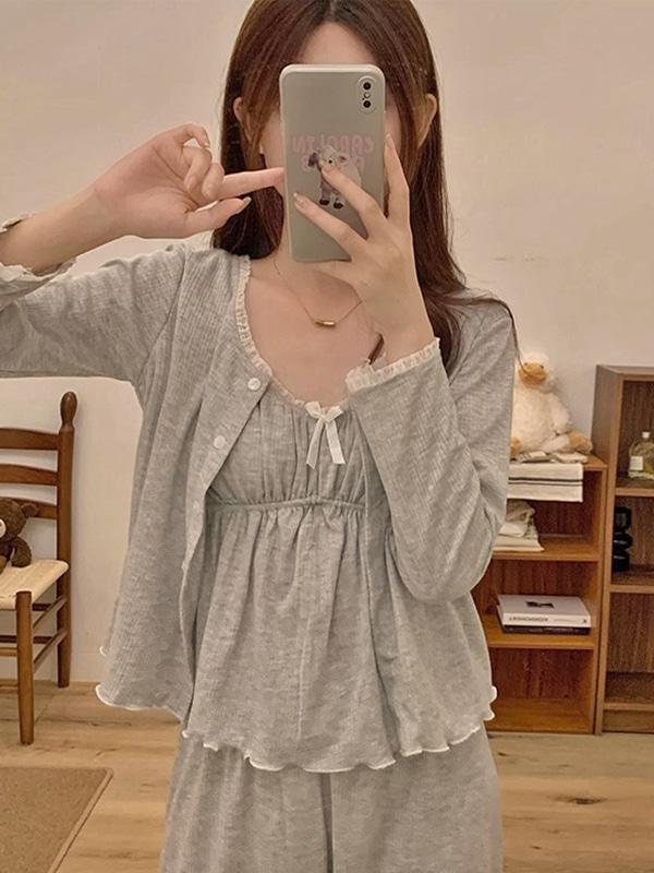 [캡내장] 멜란지그레이 3pcs 민소매 가디건 상하세트 파자마 잠옷