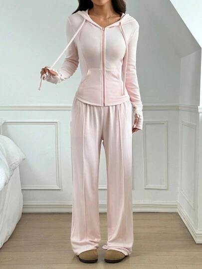SHEIN EZwear 2pcs Pink Drawstring Hoodie Top And Pants Set, Casual For Autumn
