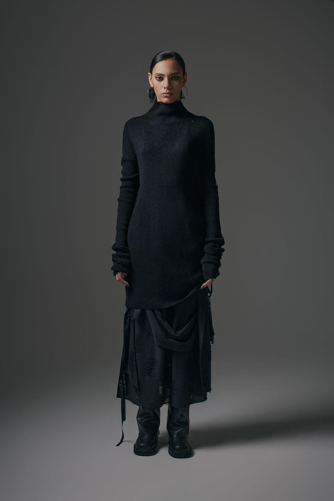 Alpaca Half-Turtleneck Long Knit [ Black ]