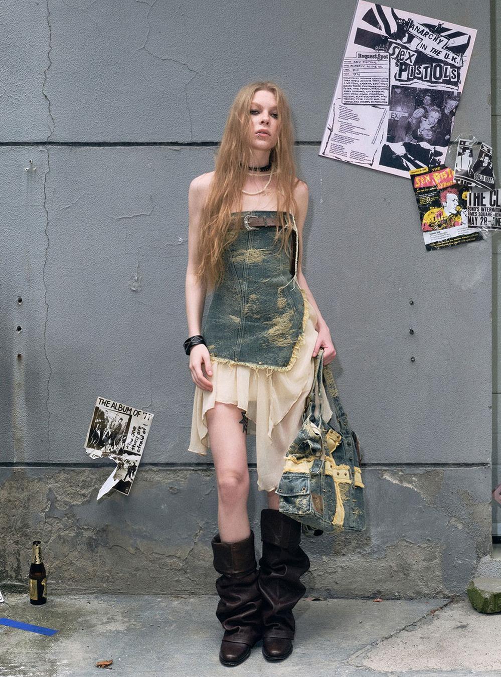 Denim washed belt tube top dress