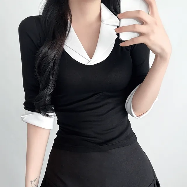 [당일출고] 긱시크 카라 레이어드 7부 티셔츠 탑 배색 티셔츠