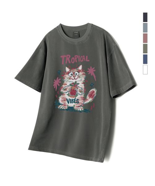 Hollysheesh TROPICAL CAT 피그먼트 오버핏 반팔 티셔츠_6 COL (크롭포함)