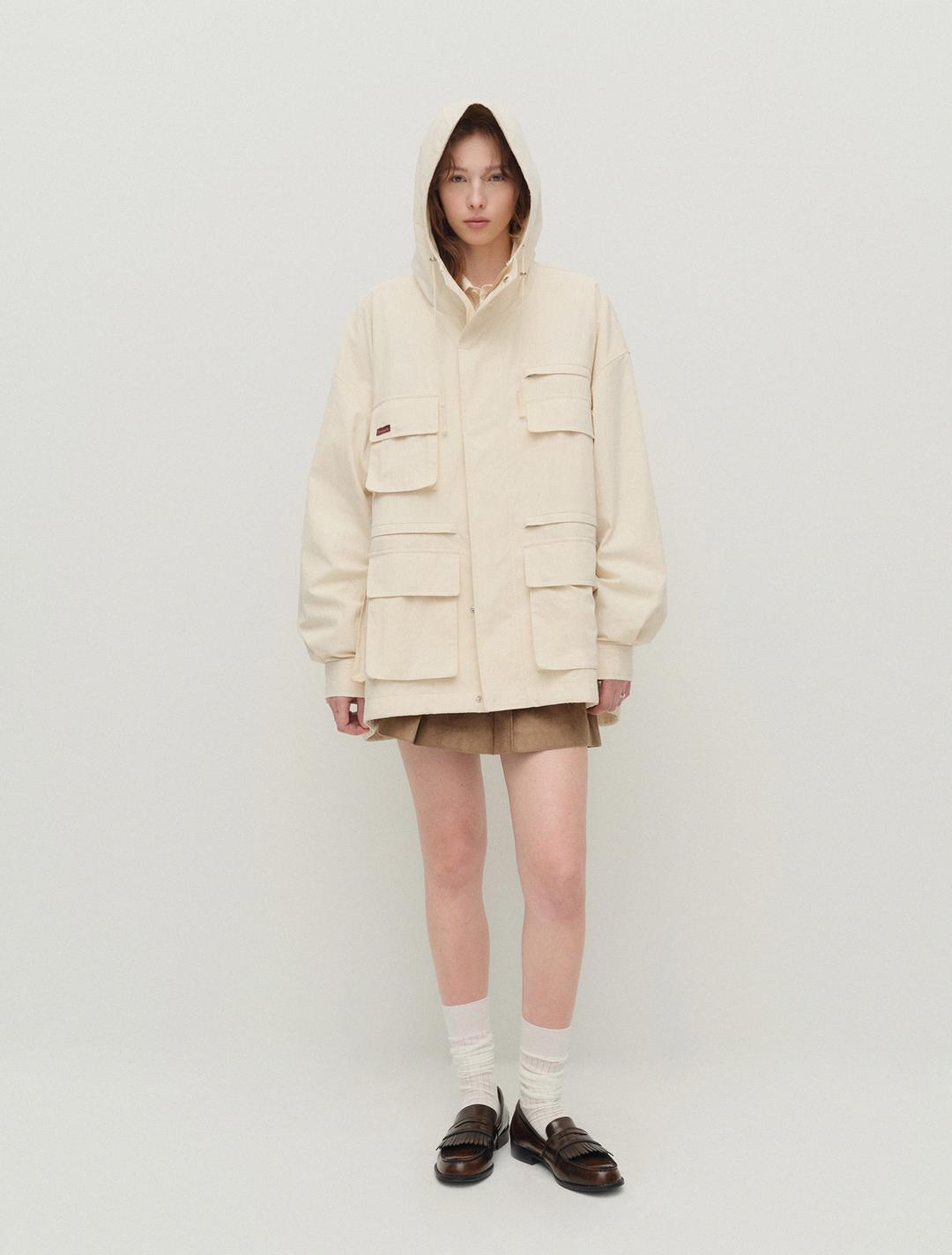 코튼-나일론 후디드 피싱 재킷 (베이지)