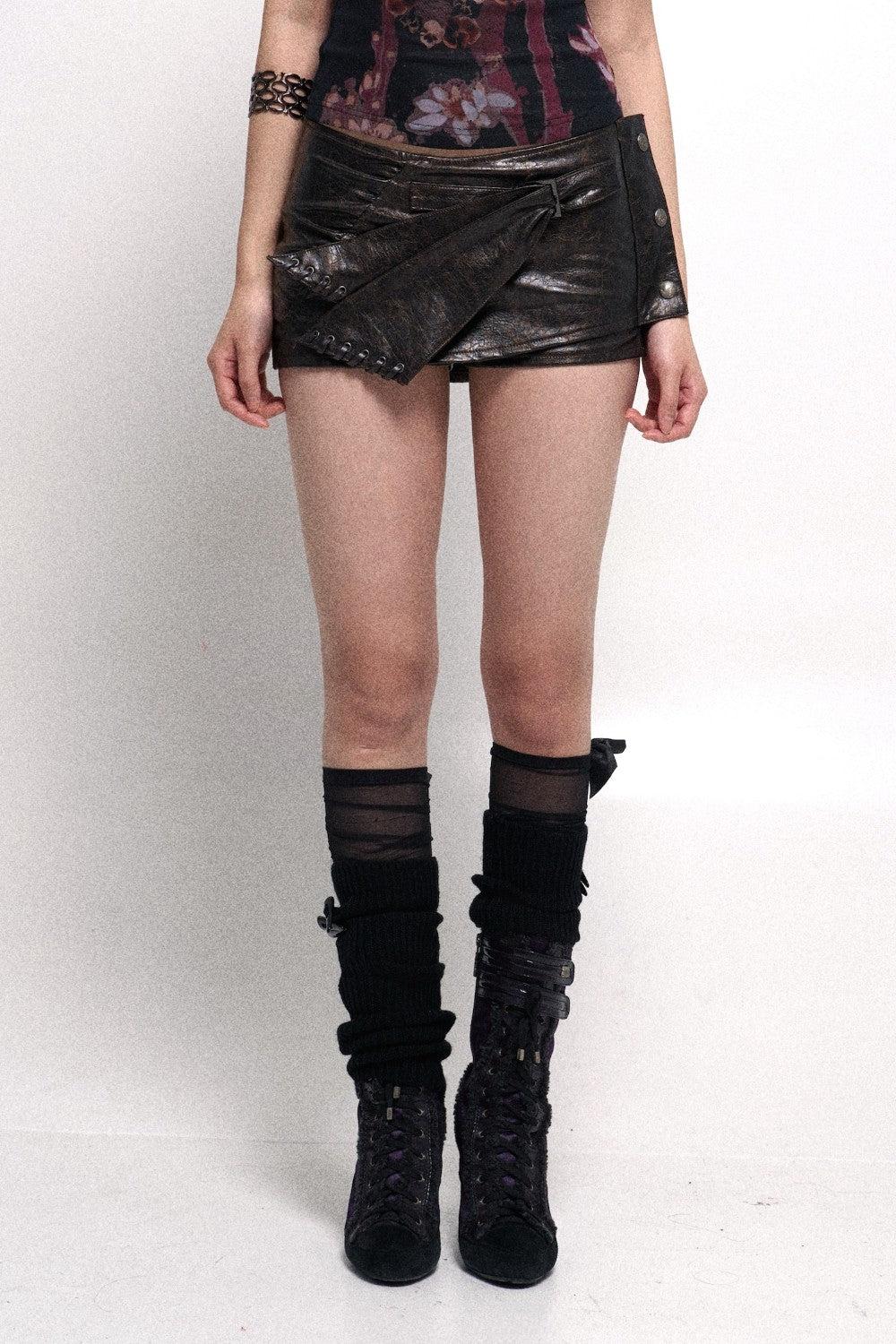 Leather Wrap Skort - Dark Brown / S