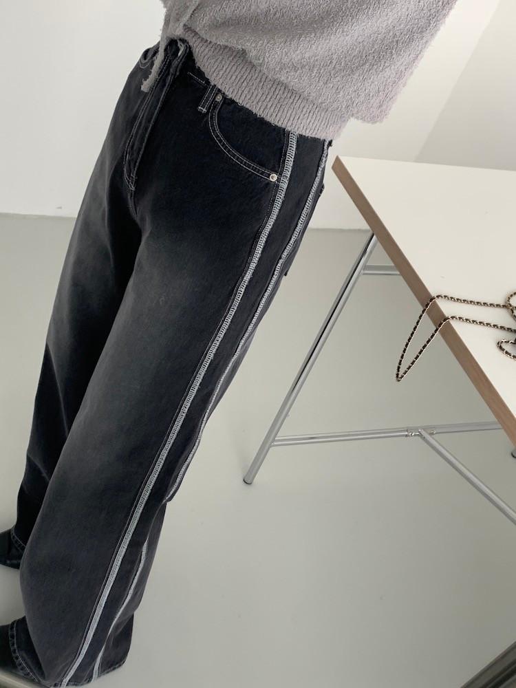 [진청버전 추가] 데끼 투라인 스티치 통 와이드 일자 데님 팬츠 2col