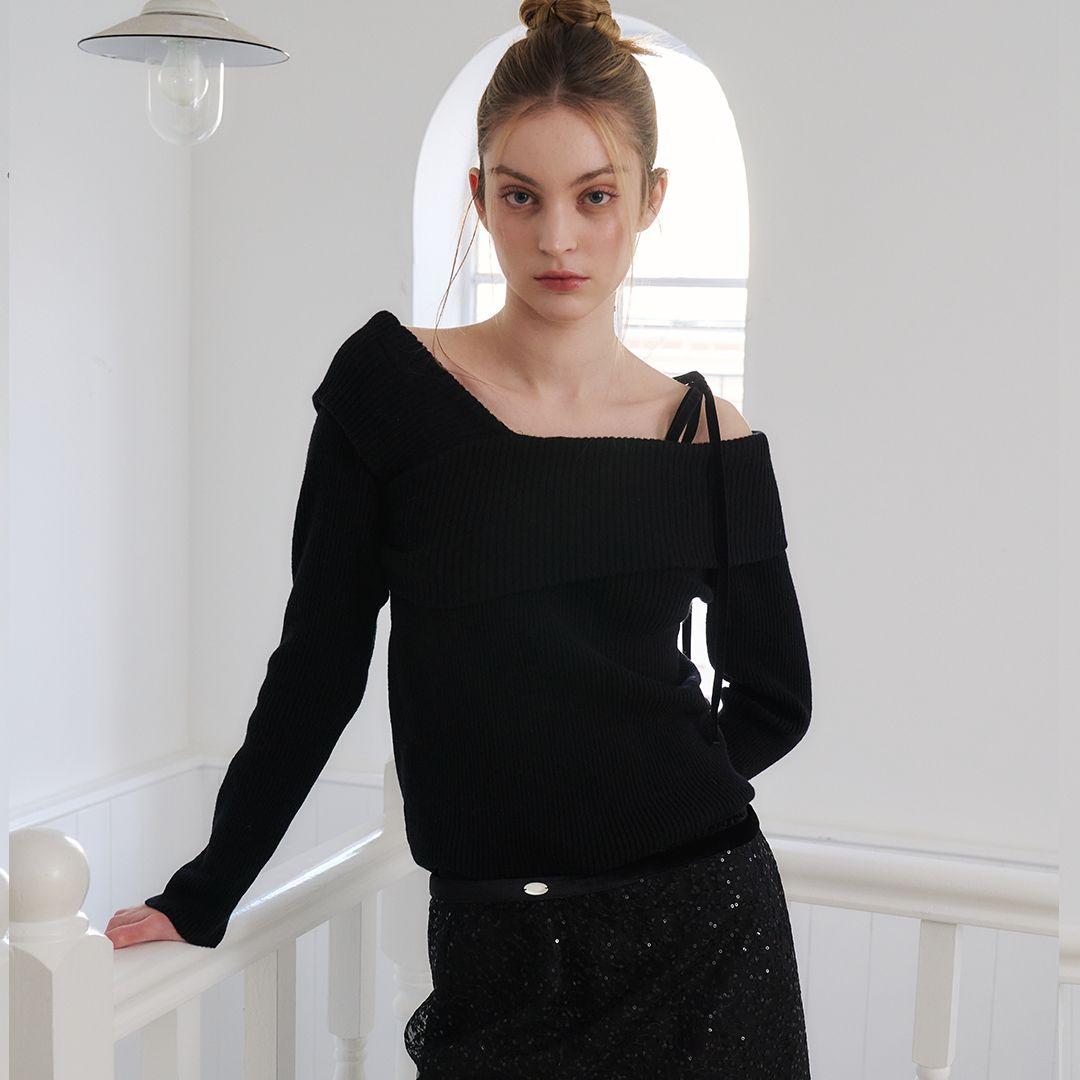 VELVET TIE OFF-SHOULDER KNIT-BLACK