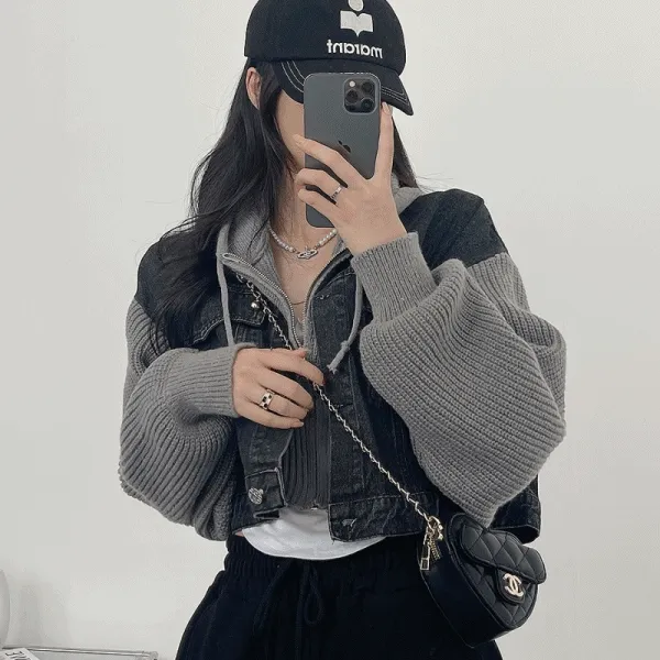 🖤모델 취저🖤 크롭 니트 배색 청자켓 2color