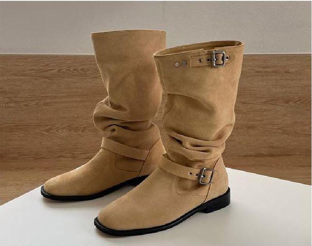 스웨이드 투버클 가죽 웨스턴 자연주름 슬라우치 롱부츠 3color