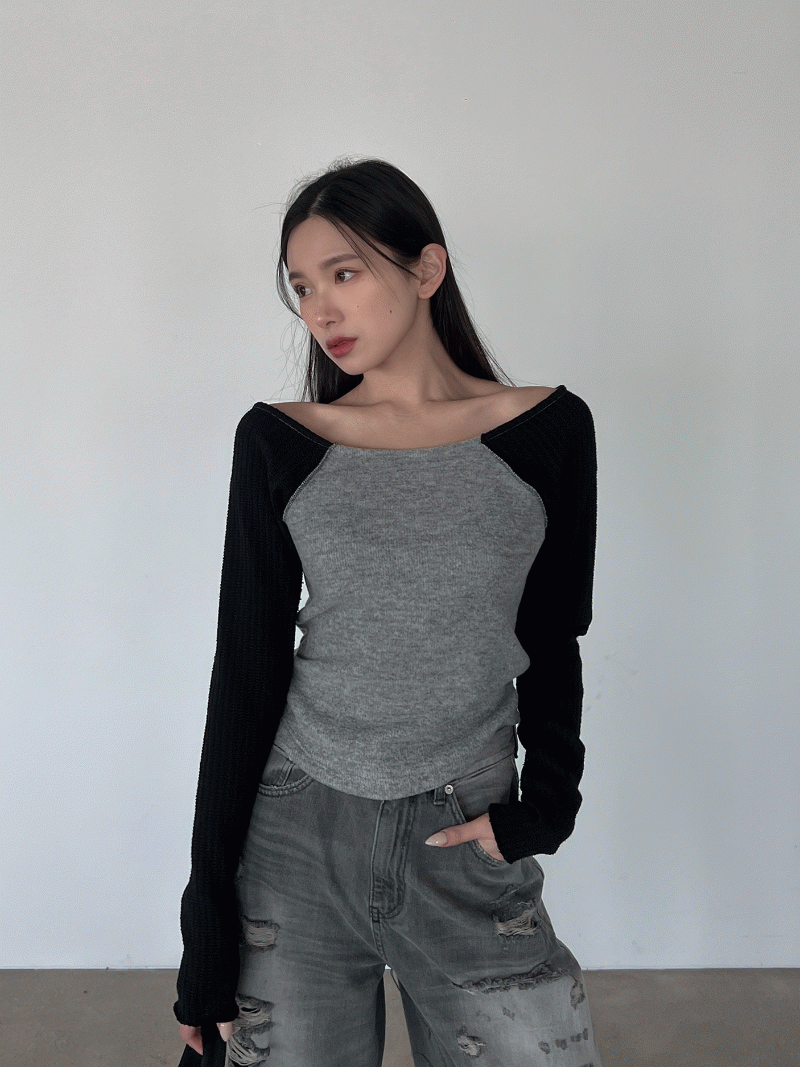 [당일발송]믹스드 오프숄더 티셔츠