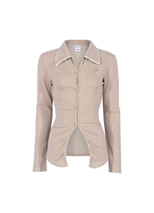 체크 레이스 슬림 셔츠_베이지