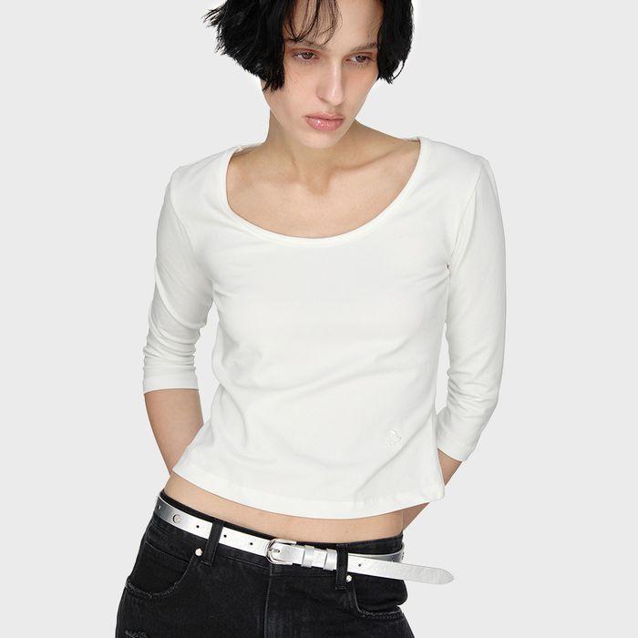 Three-Quarter Scoop Neck Sleeve Top, WHITE