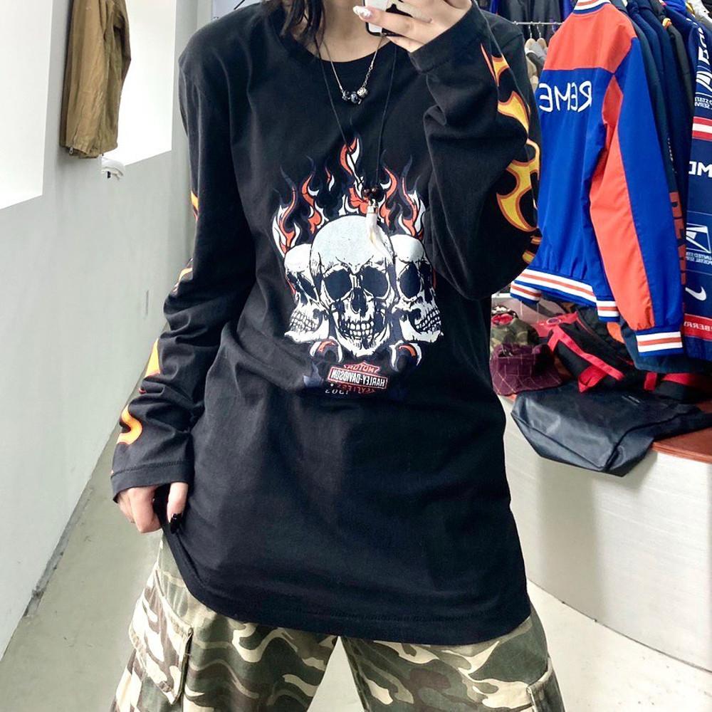 [중고]Harley Davidson (할리 데이비슨) 플레임 트리플 스컬 블랙 롱슬리브