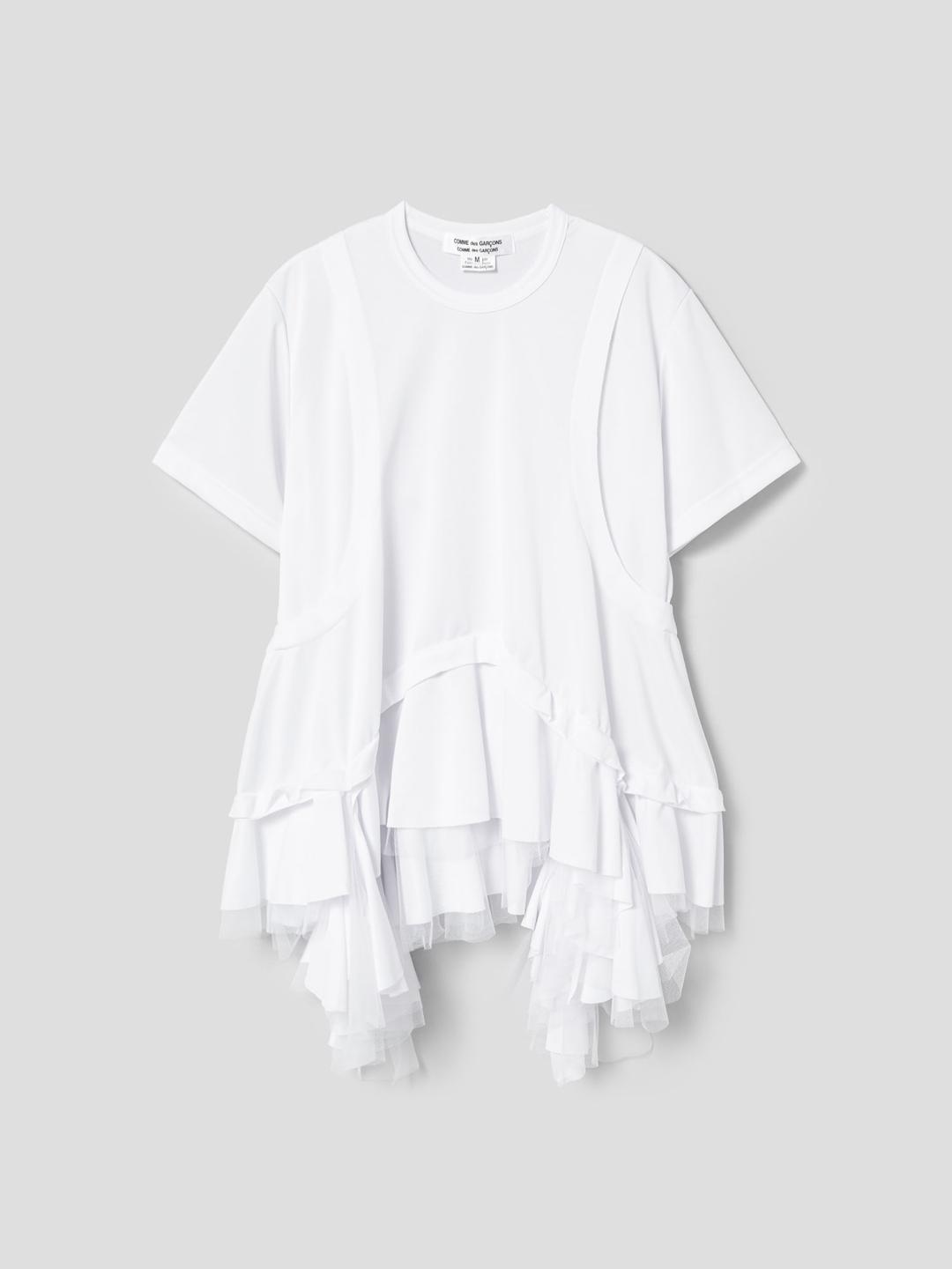Nylon Tulle Layered Polyester T-shirt - White