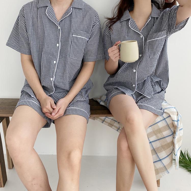 여름 지지미 깅엄체크 커플잠옷 파자마