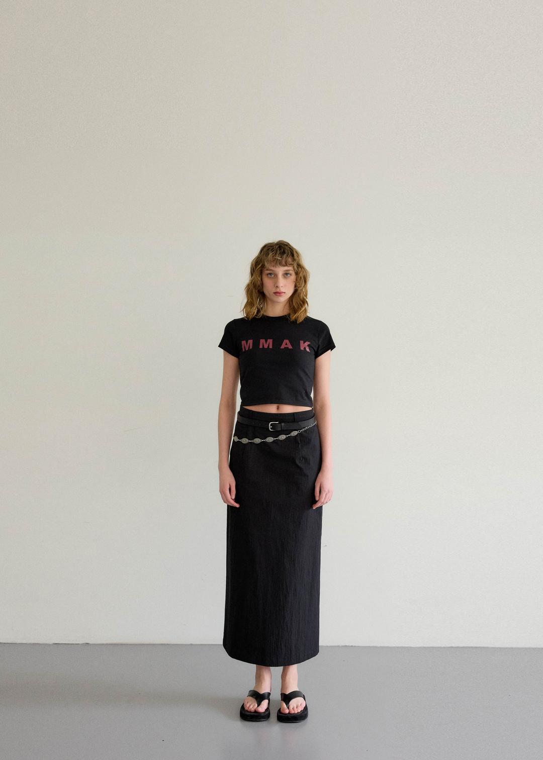 BACK SLIT NYLON MIDI SKIRT,BLACK