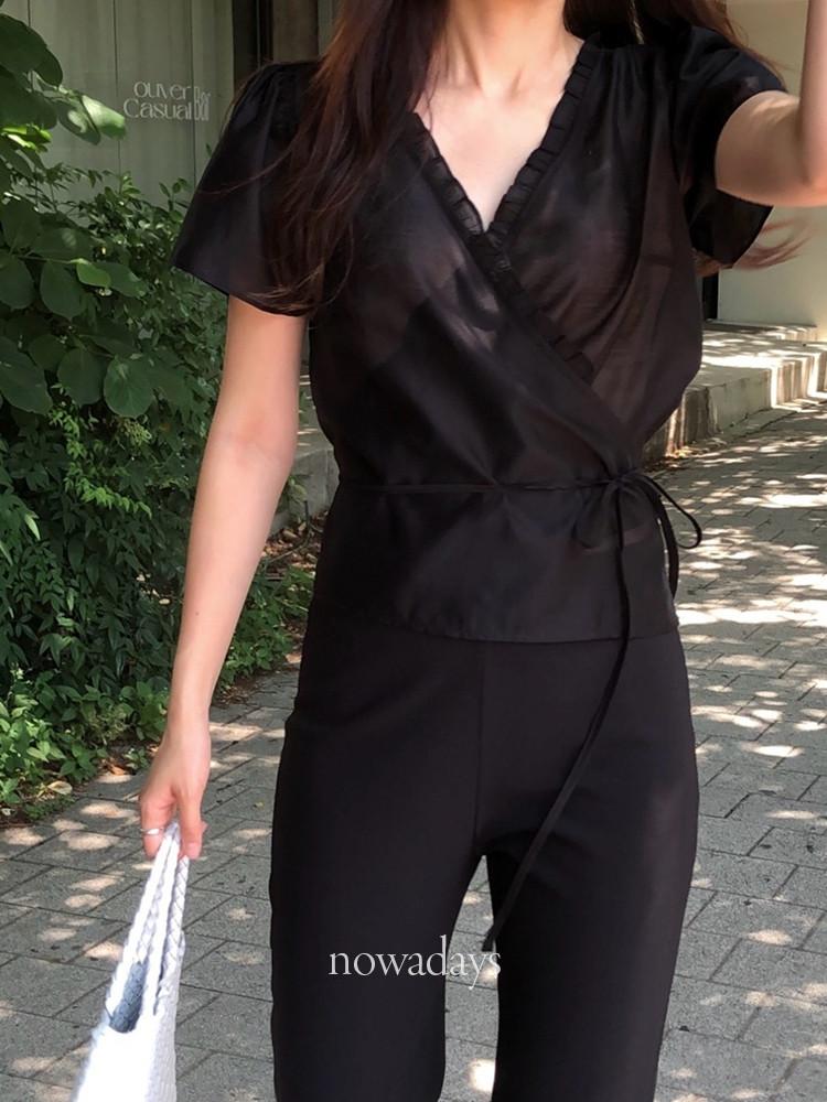 피치,검 당일 / founders 파운더스 비쥬 랩 블라우스 썸머 텐셀 브이넥 반팔 프릴