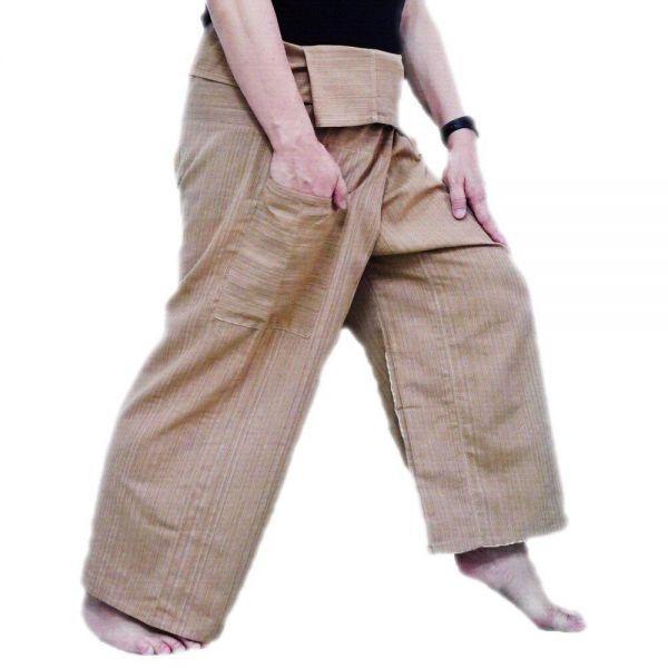 Hugde 태국 어부 바지 요가 프리 사이즈 플러스 면 아이보리 스트라이프