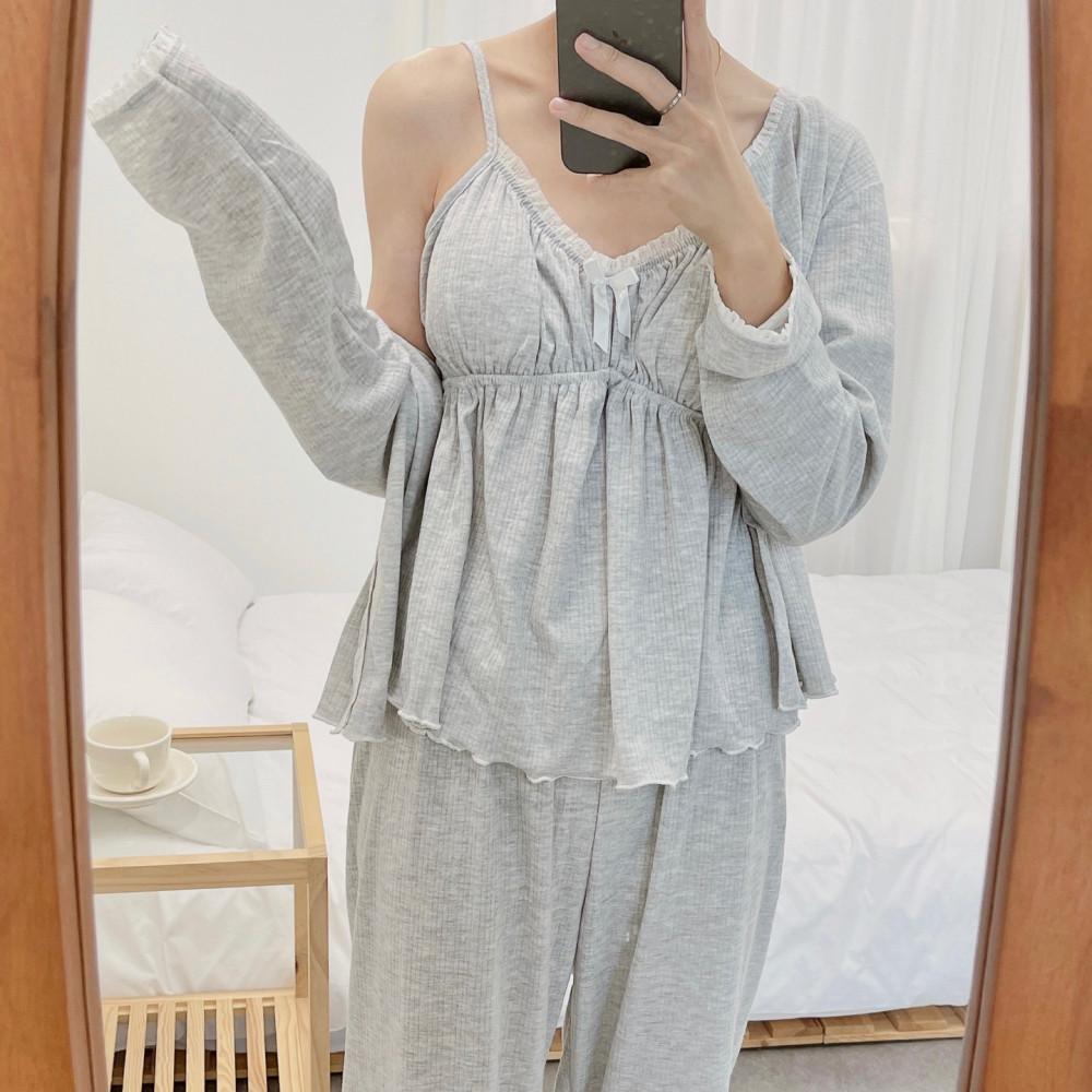 여름 잠옷 빅사이즈 그레이 3피스 캡내장 노브라 잠옷 가을