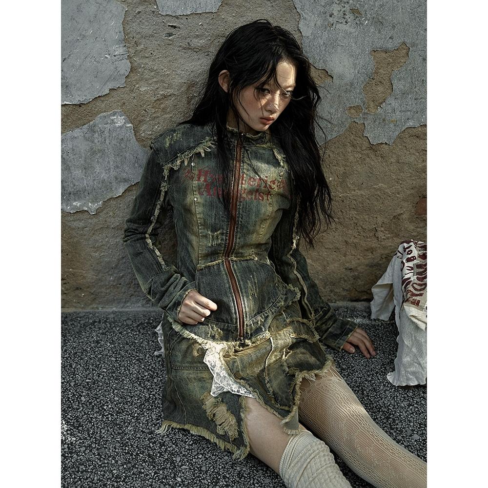 NO ROMANCE 노로맨스 데님 자켓 반티지 록 펑크 스트릿 웨이스트 차이나 유니크 청자켓
