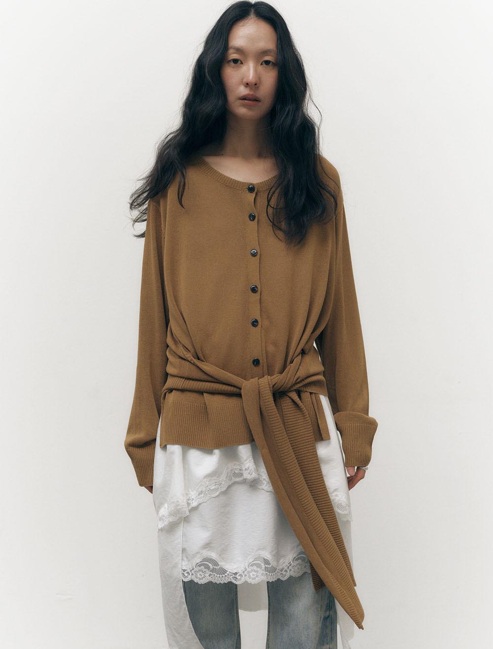 TIED STRAP LINEN CARDIGAN [MUSTARD]