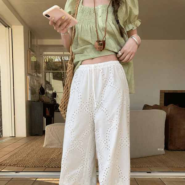 IM cotton embroidered hollow lace casual pants