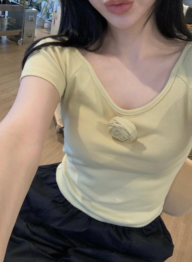 [바이베이지] 브로즈 스판 골지 로즈 코사지 유넥 반팔 티셔츠 : 바이베이지