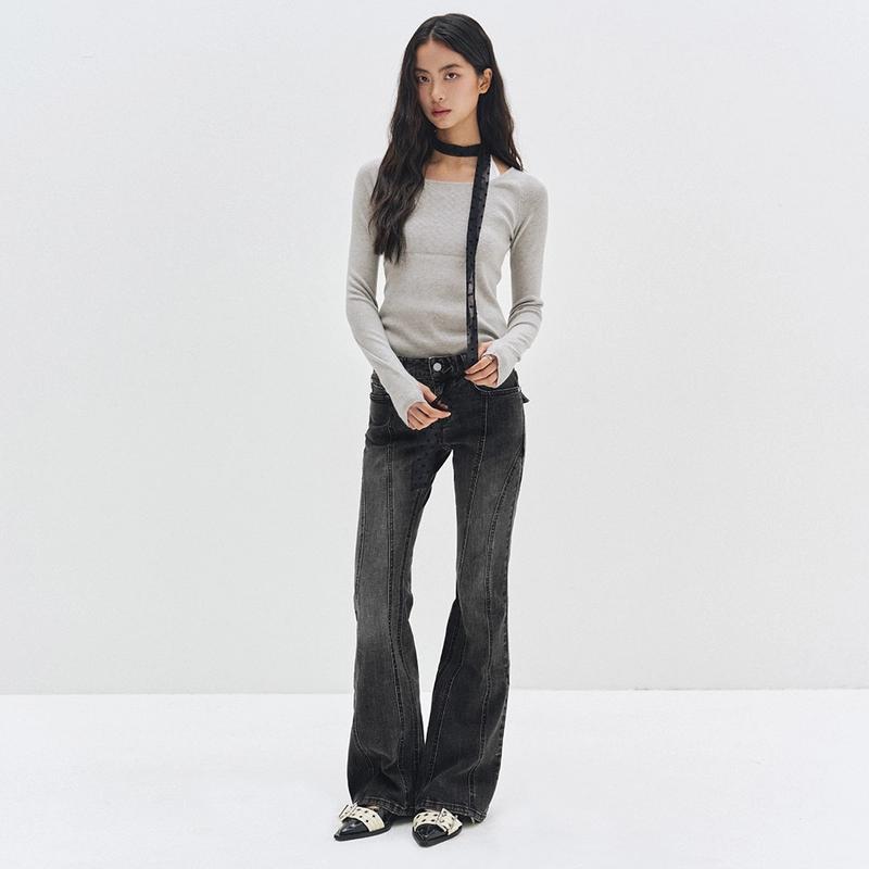 DECET - [W]Curved Slim Low Rise Flared Jeans DCWPT011BLACK