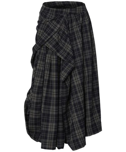 Asymmetrical Draped Layered Long Skirt (FL-256_Checked)