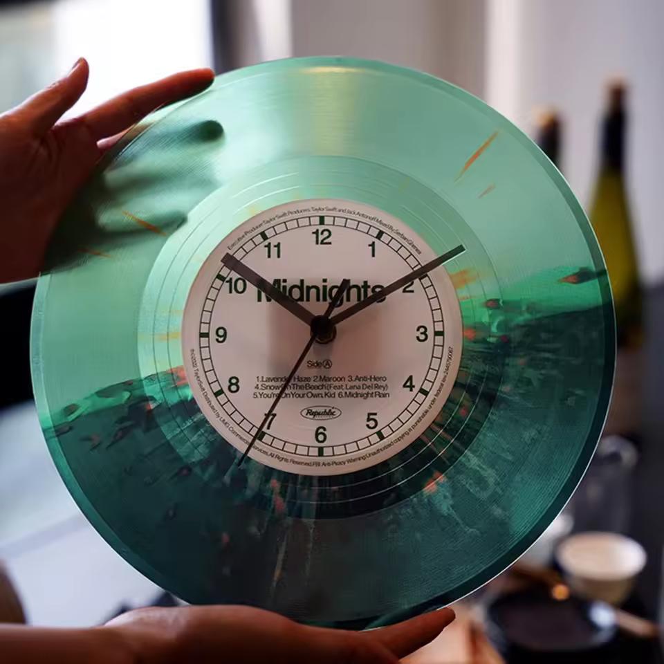 인기 CD 레코드 벽시계 비닐 투명 레코드 시계, 자정 앨범 패턴, 컬러 크리에이티브 거실 홈 데코