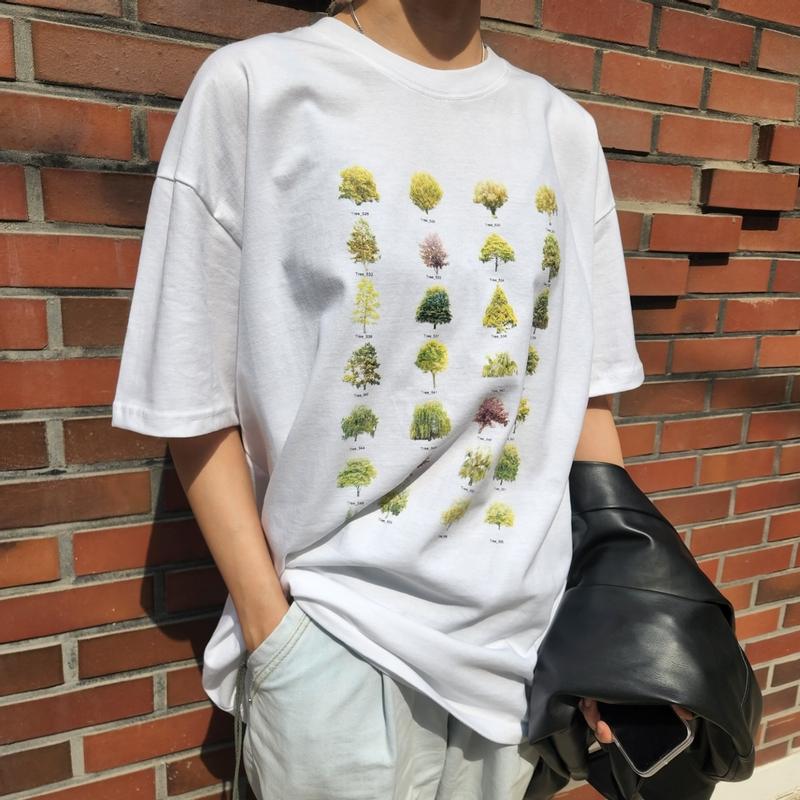 나무 프리트 박시 루즈핏 화이트 반팔티