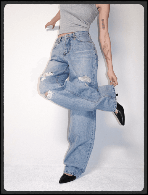 Vintage Damage Semi Wide Jean - Light Blue