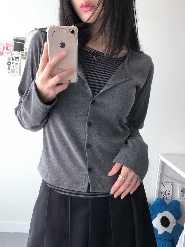 [일체형] 렌 스트라이프 티 레이어드 버튼 가디건 (2color)