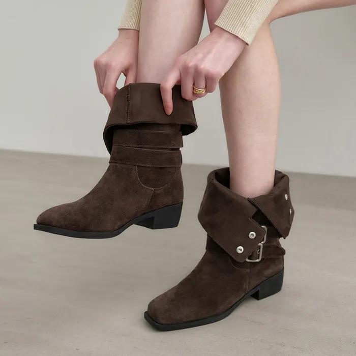 [윤경 PICK] 2-way 카우 레더 스웨이드 버클 미들 부츠 MDAC043_2 Colors