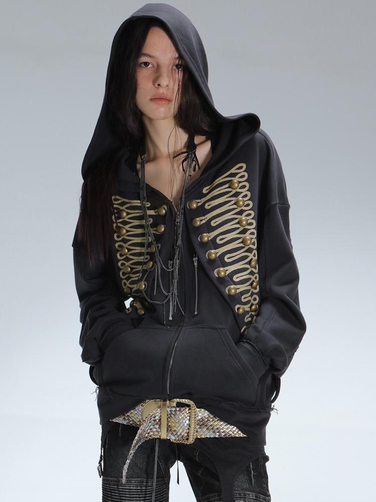 Double Punch Napoleon Embroidered Buckle Loose Hooded Zip-up