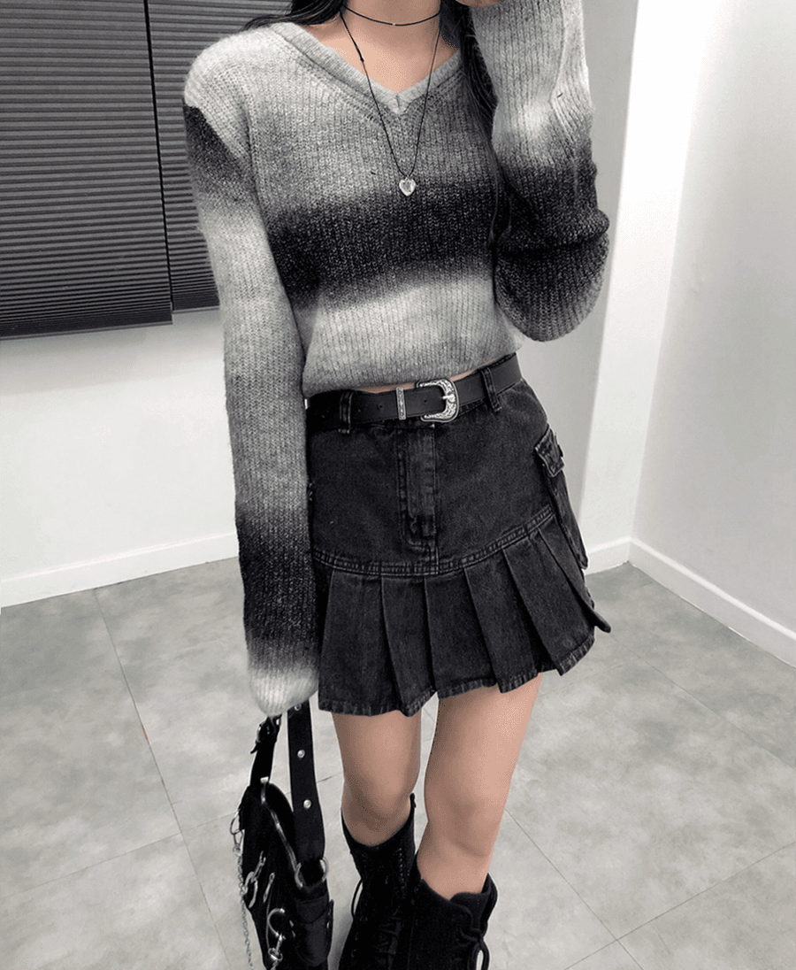 포켓 플리츠 흑청 스커트