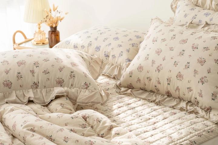 [1천원할인] 플라워 프릴 먼지없는 광목워싱 안감 선택가능 옥수수솜 차렵이불 세트 (2색)