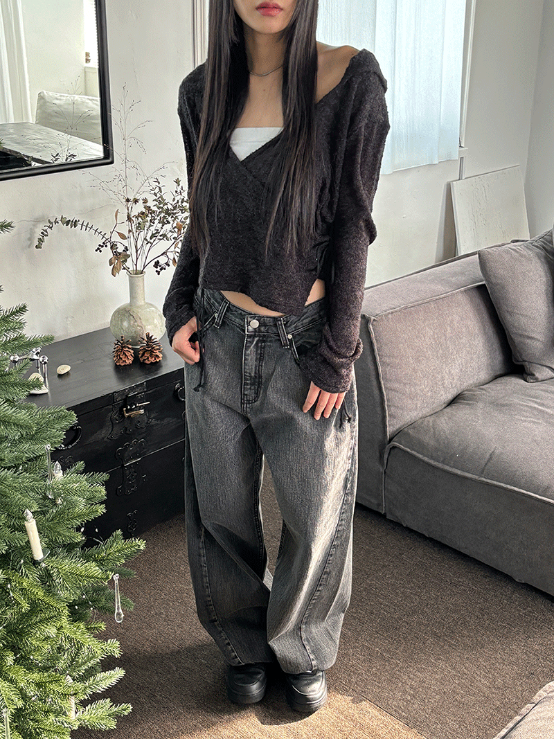 커브 그레이 사선 절개 팬츠