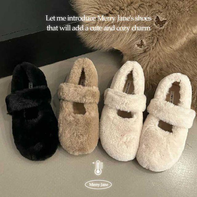 [귀여워] **Mary Jane** 밍크 퍼 플랫 단화 겨울슈즈 메리제인 스트랩 플랫 퍼 로퍼 (3color) // 털신 앙고라 블로퍼 벨크로 스트랩 크리스마스 연말 데이트 플랫슈즈