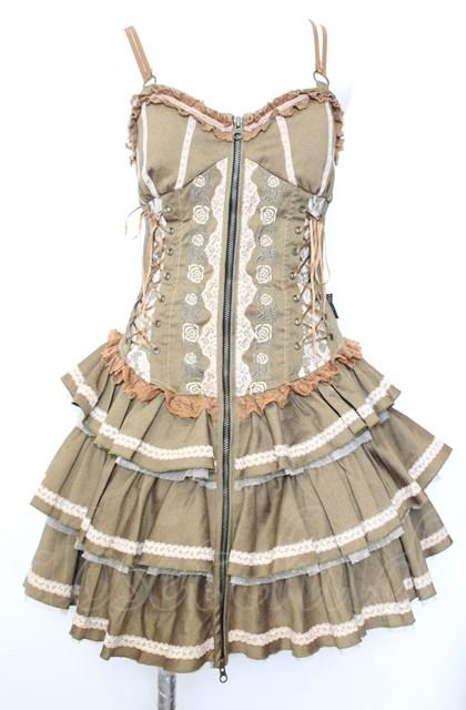 Ozz Croce / 薔薇刺繍サイド編み上げビスチェワンピース  カーキイエロー O-25-08-08-015-OO-OP-OW-OS