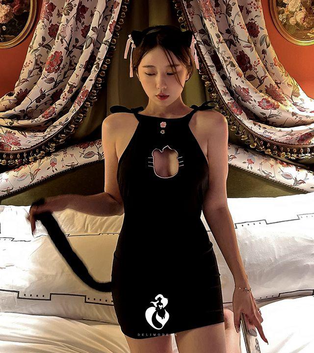 당일배송![섹시큐티/3pcs] 방울 고양이 코스튬 러블리 긴 꼬리 홀터넥 T팬티 세트 /할로윈데이/연말룩/연말파티/파티룩/코스튬/고양이머리띠/티팬티/섹시룩/큐티섹시/~66반