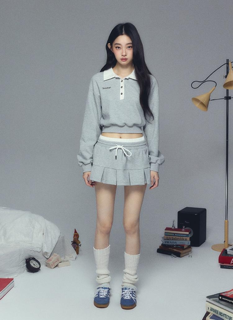 TRENDKILL Polo Button Crop Sweatshirt & Pleats Mini Skirt Set-up