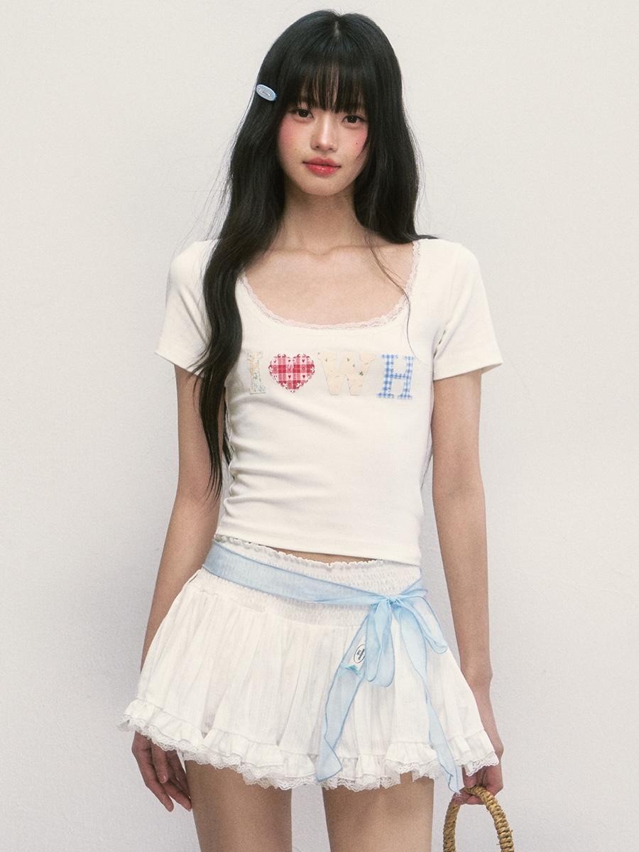 Weekendhub Plaid Patch Lace Short Sleeve